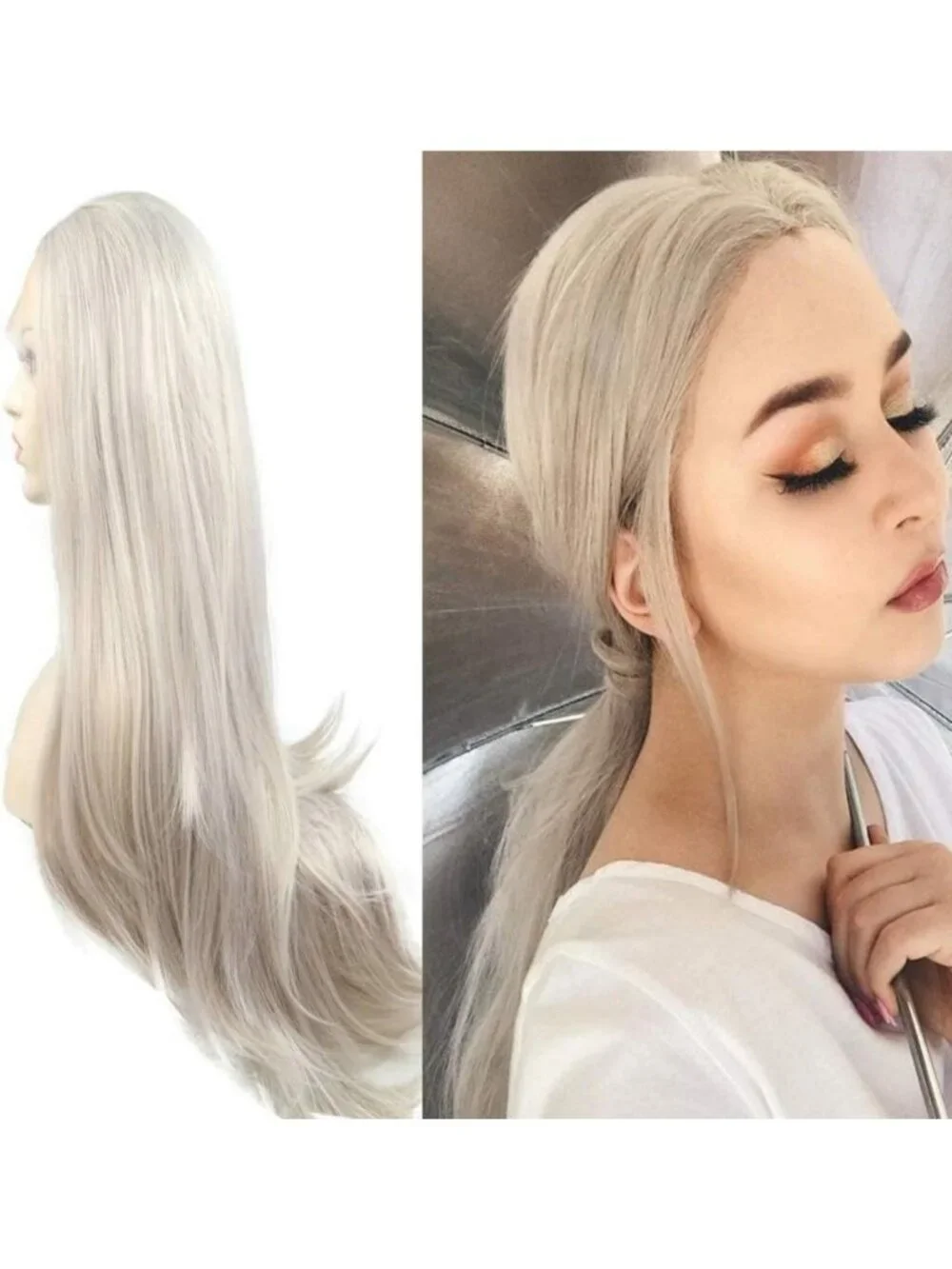 24-Inch Long Straight Silver Platinum Blonde Lace Front Wig - Heat Resistant